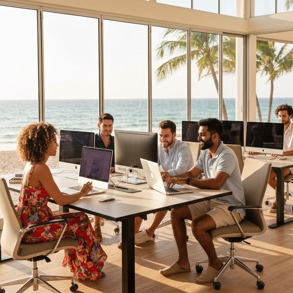 Diverse team in casual beach attire at tropical workspace with ocean view